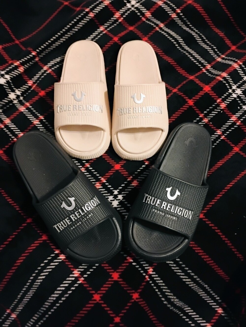 Women's Like New Black & Khaki True Religion Thick Sole Slides With Silver Logo
